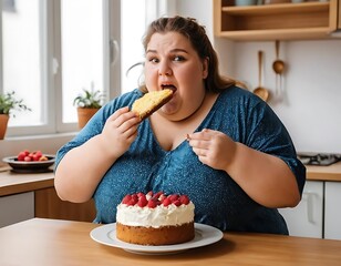 A woman who is obese is hungrily eating cake