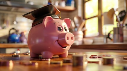 Obraz premium Piggy bank with graduation cap symbolizes saving for education and student loans.