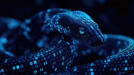 A close-up of a digitally rendered snake, its skin composed of glowing binary code in vibrant blue and purple neon lights