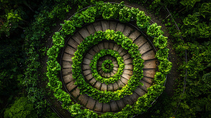 Fototapeta premium Aerial view of spiral vegetable garden with lush green lettuce. This unique design showcases beauty of nature and sustainable gardening practices