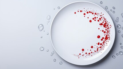 White dinner plate covered with red stains and a cleaning sponge saturated in bubbles, hyper-detailed textures of grime and soap contrasting