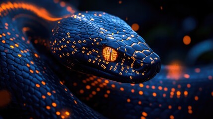 A close-up of a digitally rendered snake, its skin composed of glowing binary code in vibrant blue and purple neon lights