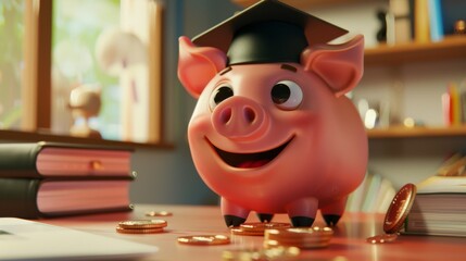 Obraz premium Piggy bank with graduation cap symbolizes saving for education and student loans.