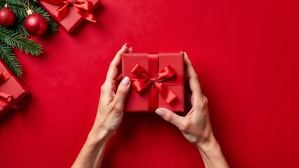 Woman hands holding red gift box on red background with festive decoration among fir tree branches and Christmas balls. Christmas presents. Holiday mood. Flat lay, top view. Copy space