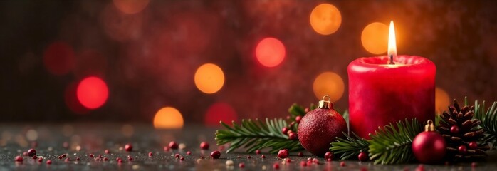 Red candle with Christmas decorations on golden bokeh lights background, copy space for your Christmas card or advertisement banner