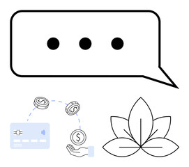 Speech bubble with ellipsis, credit card transferring money to hand, and eco-friendly leaf. Ideal for digital communication, finance transactions, payment systems, money transfer, environmental