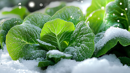 Snow covered vegetable patch with vibrant green lettuce leaves glistening in winter