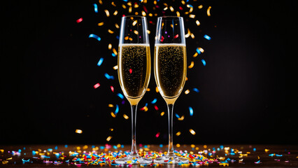 Happy New Year background , Burning sparkler with bokeh, light background , champagne, glasses