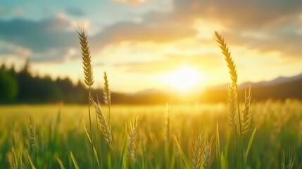 A picturesque wheat field at sunrise, showcasing golden stalks against a colorful sky, Ideal for agricultural themes, nature promotions, or wellness imagery representing growth and renewal,