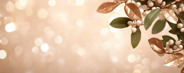 Warm copper and white Christmas bokeh spark with festive leaves and berries