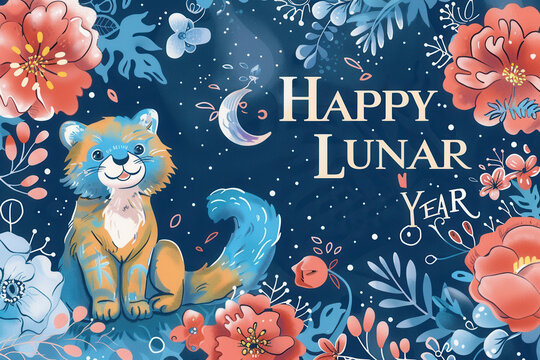 Celebrate the Lunar Year with a Colorful Illustration of a Blue-Furred Cat and Vibrant Floral Elements