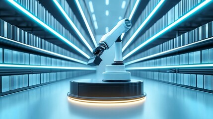 Spacious warehouse interior with robotic arms sorting packages, surrounded by futuristic architecture and smart lighting