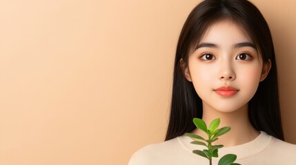 Fototapeta premium A serene portrait of a young woman holding a green plant against a soft peach background, ideal for themes like wellness, sustainability, and self-care in marketing materials or blogs,
