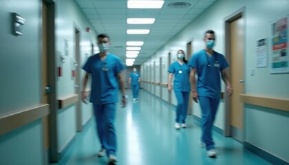 Obraz premium Medical staff members walk in hospital corridor. Busy healthcare workers move quickly. Inside hospital. Hospital environment. Medical personnel. People wearing scrubs, masks. Healthcare. Doctors.