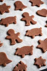 Shapes cut out from raw pastry dough on a sheet of baking paper - preparation of gingerbread Christmas cookies
