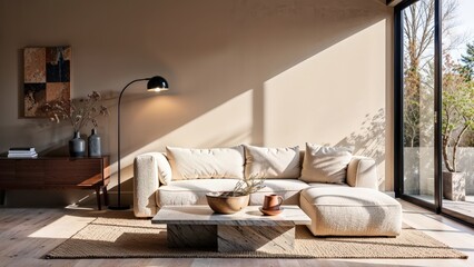 Generative AI, Modern living room with golden-hour lighting, organic textures, and earthy tones