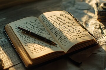 Obraz premium Millennial writing in gratitude journal captured during soft morning light, with copy space