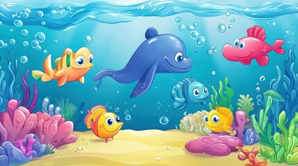 Obraz premium Underwater scene: colorful fish, dolphin, coral.