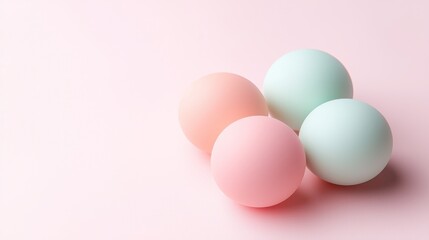 Fototapeta premium Three perfectly round rubber balls in cheerful pastel shades, floating against a soft white backdrop, capturing simplicity and charm