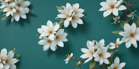 Fototapeta premium Teal background with delicate white and orange blossoms and snowflakes, decorative elements, garden, botanical art, seasonal backdrop