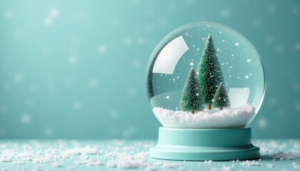 Small snow globe with tiny Christmas trees sits on mint green background. Decorative snowy scene. Winter holidays theme. Minimalist design. Perfect for Christmas decor. Suitable for online shops