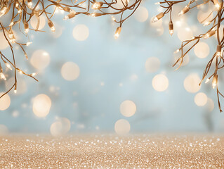 Bright silver and blue Christmas lights create festive bokeh effect