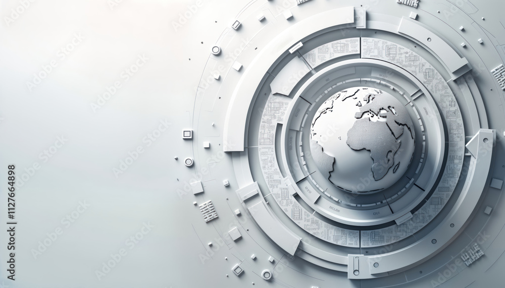 Poster Abstract illustration shows global network. 3d model of Earth displayed in center. Tech elements, like circuits, form dynamic, interactive circular graphic around. Suggests global communication,