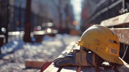 Construction safety gear on bench with blurred site  AR 169  V 6