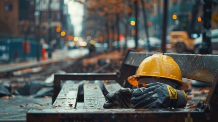 Construction safety gear on bench with blurred site  AR 169  V 6