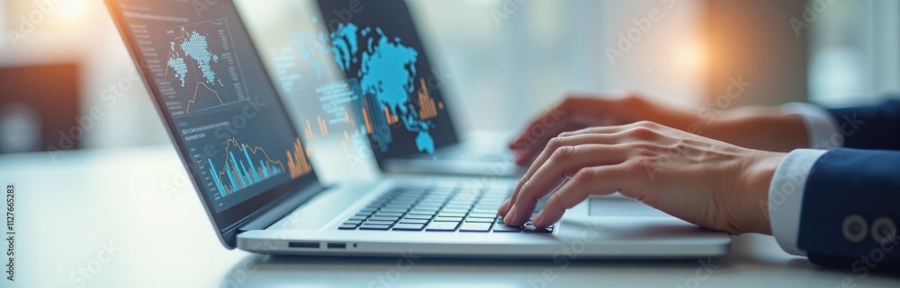 Poster business person analyzes data on laptop screens. hands type on keyboard. global data insights. moder