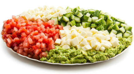 Fresh guacamole and pico de gallo platter with diced vegetables, perfect for gatherings