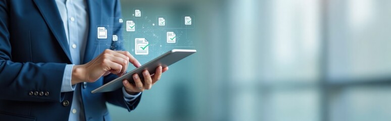 Business person uses tablet to manage online documents. Efficient workflow with secure access. Digital document management system. Person looks focused, pro. Modern workplace tech. Online storage.