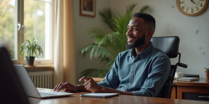 Black man in wheelchair working at office desk with laptop. Smiling, working on computer. Man in denim shirt using modern tech. Business person in office. Comfortable posture. Modern office setting.