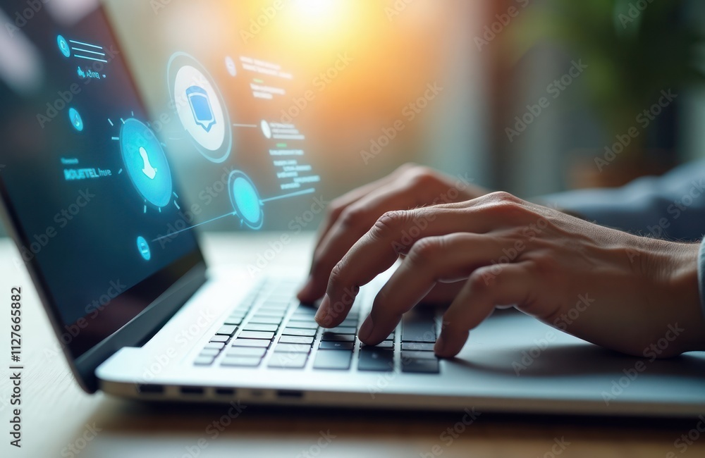 Fototapete Person uses laptop interacting with AI virtual assistant. Hands type on keyboard. Tech interface shows AI assistant. Modern tech use. Virtual assistance. AI interaction.