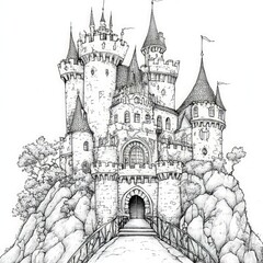 Fototapeta premium Stone castle, bridge, rocky outcrop, ink drawing.