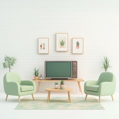 Cute miniature clay living room. Retro TV, armchairs in light mint green color. Light wooden coffee table, rug with mint green, beige diamond pattern. Three framed prints with plants. Modern interior