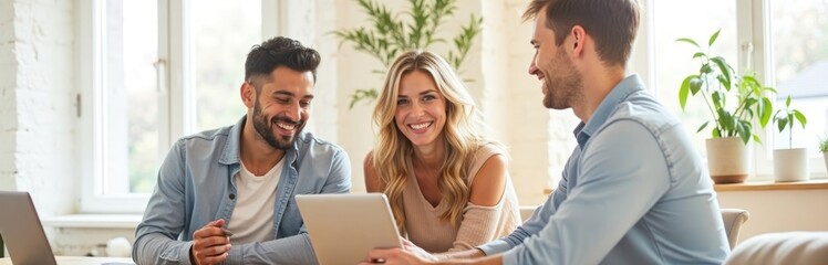 Happy group looks at tablet. People enjoy online dating tips. Friendly faces share info. Indoor setting. Modern lifestyle. Digital connection. Dating advice.