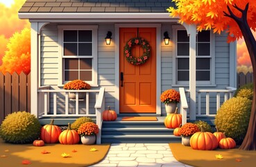 Obraz premium Cozy autumnal house exterior. Fall decorations adorn porch with pumpkins, flowers, wreath. House light gray bungalow with orange door. Wooden fence, colorful fall leaves complete festive autumnal