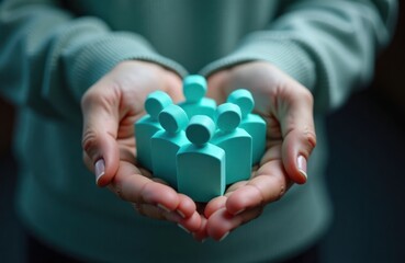 Hands gently cradle small teal figurines of people employee care. Team retention emphasized in image. Care for personnel displayed. Photo suggests support for employees. Focus on nurturing company.