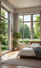 Fototapeta premium Tranquil bedroom with neutral colors and large windows overlooking a green garden, large windows, tranquil, neutral colors, interior design, bedroom