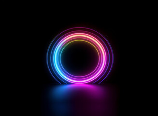 Obraz premium Vibrant, concentric neon circles glow against a black background, casting a colorful reflection. The rings create a hypnotic, futuristic effect.