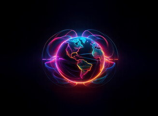 Obraz premium A vibrant, glowing Earth encircled by colorful, dynamic energy waves against a black backdrop. The image evokes themes of global connection and technological advancement.