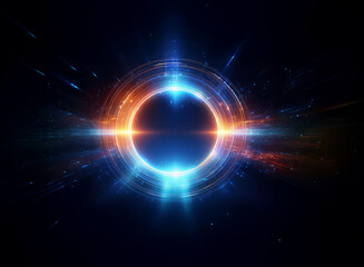 A vibrant, circular energy field glows with blue and orange light, radiating outwards into a dark space.  Intense light streaks emanate from its core, creating a dynamic, futuristic aesthetic.