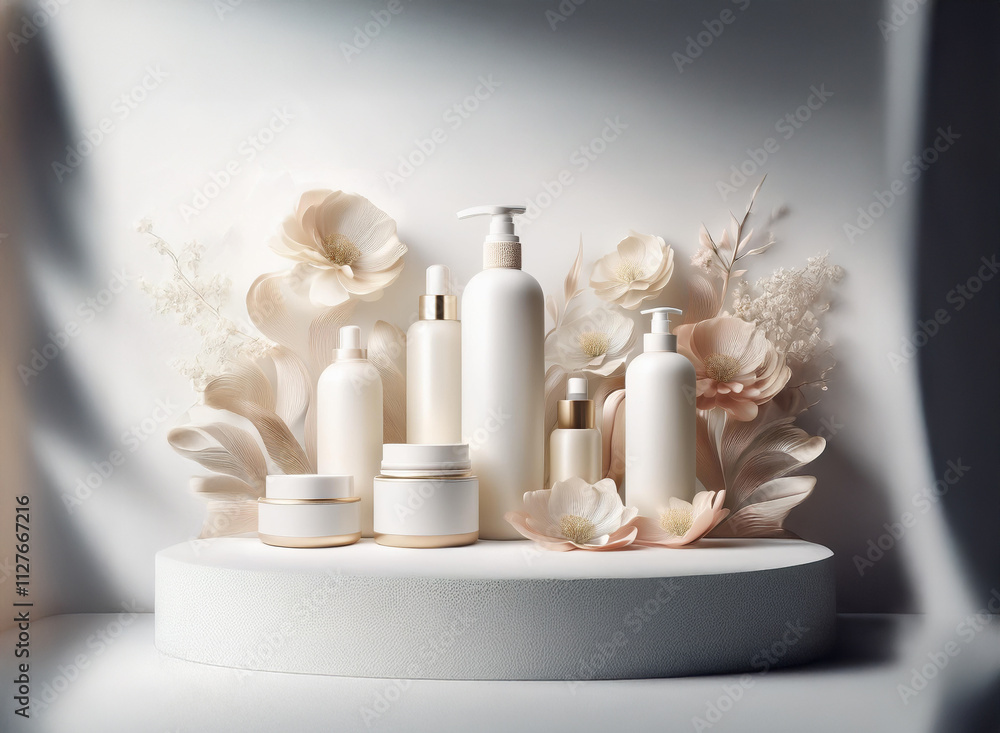 Poster elegant, minimalist display of skincare products. white bottles and jars are arranged on a circular 