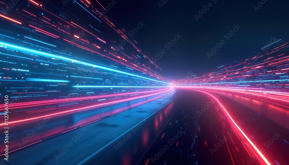 Aufkleber Abstract futuristic tech image shows fast movement. Dynamic light trails create pattern. High speed motion on dark blue background. Modern digital design. Neon colors make image vivid. Image suitable
