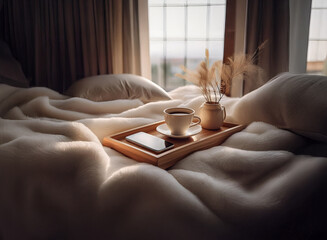 Warm morning sunlight streams into a bedroom, illuminating a cozy scene: a wooden tray holding a coffee cup, a smartphone, and a small vase of dried flowers rests on a plush, white blanket.  The overa