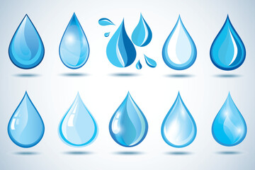 Set of different shining abstract 3d water drops isolated on blue - white background. Graphic design elements, icons or logo, collection of nature objects. Vector illustration
