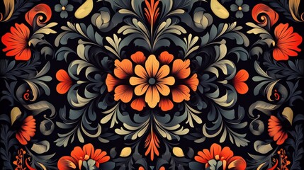 Intricate Floral Design With Orange And Gray Flowers