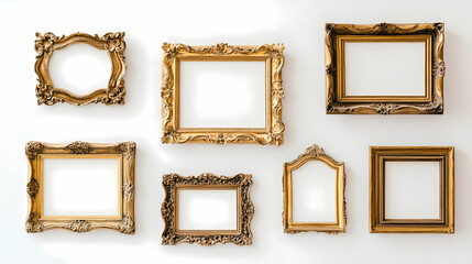 An assortment of ornately-framed, gilded picture frames adorn a white wall, each with a blank canvas ready to be filled with a work of art. Gilded. Illustration