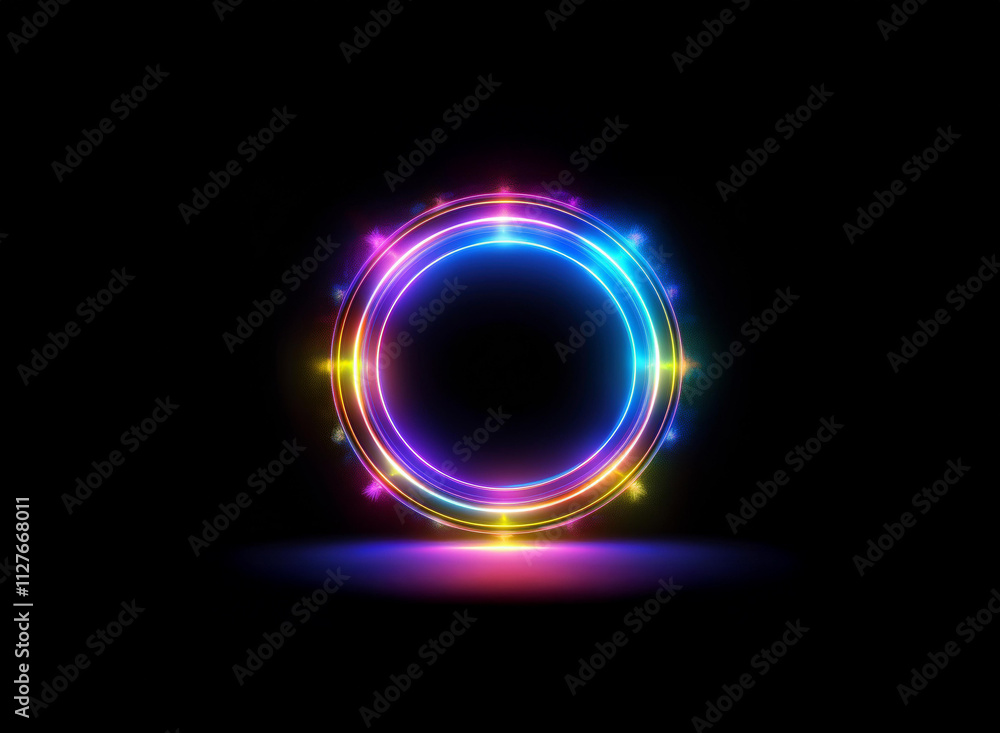 Poster vibrant, multicolored neon circles glow on a black background, creating a radiant, circular frame wi